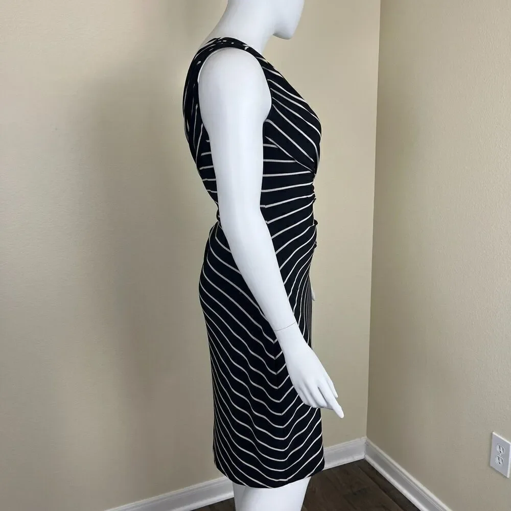 Lauren Ralph Lauren Women Size 16 Black Striped One Shoulder Ruched Sheath Dress